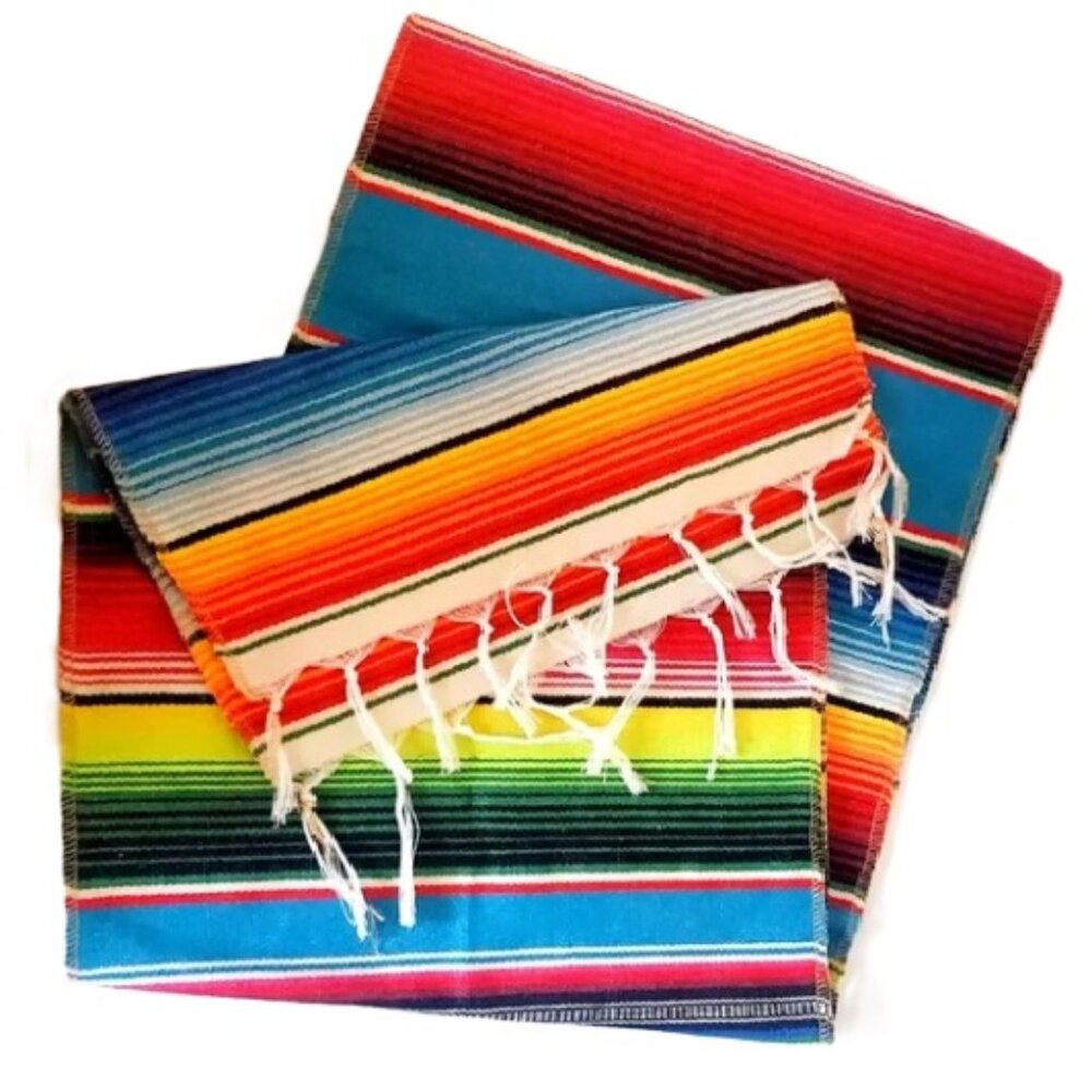 Fringed Colourful Striped Table Runner Southwestern Navajo Decor Red Green Blue